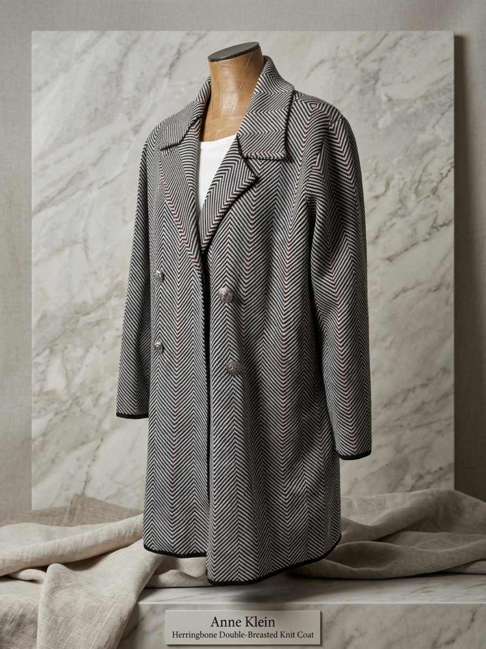 Anne Klein Herringbone Double-Breasted Knit Coat